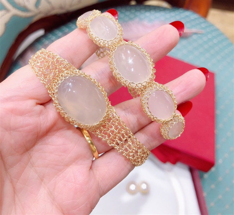 14k Gold Wire Natural White Chalcedony Bracelet