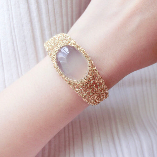 14k Gold Wire Natural White Chalcedony Bracelet